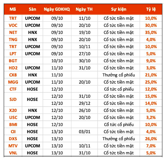 Lịch chốt quyền cổ tức tuần 9 - 13/10: 15 doanh nghiệp trả cổ tức tiền mặt, cao nhất 35%